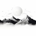 Minimalist Black And White Mountain Range With Full Moon