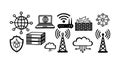 Minimalist black and white vector icons set of network servers firewall wifi signals cloud computing and wireless communication Royalty Free Stock Photo