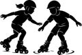 Young Roller Skaters Practicing First Turn Silhouette Vector, Kids Beginner Sport Icon Royalty Free Stock Photo