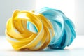 Minimalist Blend: Sunshine Yellow & Cerulean Blue Twisted Waves in 3D Rendered Industrial Desig