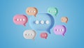 Minimalist blue red orange green purple speech bubbles talk icons floating over background. Modern conversation or social media