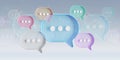 Minimalist blue red orange green purple speech bubbles talk icons floating over grey background. Modern conversation or social