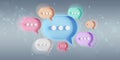 Minimalist blue red orange green purple speech bubbles talk icons floating over grey background. Modern conversation or social