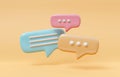 Minimalist blue red and yellow speech bubbles talk icons floating over orange background. Modern conversation or social media Royalty Free Stock Photo