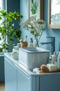 Minimalist blue and white sink in a modern kitchen setting Royalty Free Stock Photo