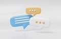 Minimalist blue and yellow speech bubbles talk icons floating over white background. Modern conversation or social media messages Royalty Free Stock Photo