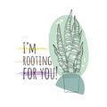 Minimalist boho illustration of quote I am rooting for you with black line art potted snake plant and abstract shapes