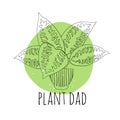 Minimalist boho illustration of quote Plant dad with black line art potted house plant dieffenbachia and abstract shapes Royalty Free Stock Photo