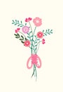 A minimalist bouquet of wildflowers tied with a festive ribbon. Floral composition for celebrating Mother's Day