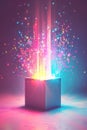 Colorful light beams and abstract shapes pouring from a minimalist box representing boundless creativity and innovative Royalty Free Stock Photo