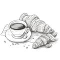 Minimalist Breakfast with Croissant and Coffee in One-Line Style for Invitations and Posters. Royalty Free Stock Photo