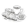 Minimalist Breakfast with Croissant and Coffee in One-Line Style. Perfect for Menu Design. Royalty Free Stock Photo