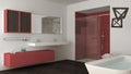 Minimalist bright bathroom with double sink, shower and bathtub, white and red interior design Royalty Free Stock Photo