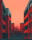 Minimalist Brutalist Art - Vibrant Painting of a Red and Gray Building with Nature