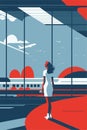 Minimalist business travel concept. Young adult woman on airport terminal window with air plane background. Royalty Free Stock Photo