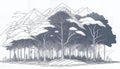 Minimalist CAD Tree Line Drawing Captivating Side View Mountain Forest Scene with Linear Elements and Natural Harmony, Perfect for Royalty Free Stock Photo