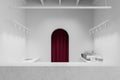 Minimalist cafe interior with white counters, coffee cups, and a maroon curtain on a plain background, evokes simplicity and Royalty Free Stock Photo