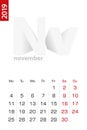 Minimalist calendar template for November 2019, vector calendar in English Royalty Free Stock Photo