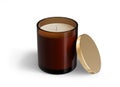 Minimalist candle mockup, amber glass candle jar with golden lid open design-ready 3D render template