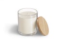 Minimalist candle mockup, clear glass candle jar with wooden lid open design-ready 3D render template Royalty Free Stock Photo
