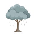 Stylized Cartoon Tree with Grey Clouds and Raindrops on a White Background Royalty Free Stock Photo