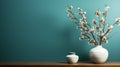 Minimalist Ceramics: Branches In Vases On Teal Wall