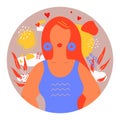 Minimalist character design on trendy woman. Round shaped abstract portrait of female character.