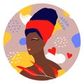 Minimalist character design on trendy woman. Round shaped abstract portrait of female character