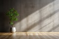 Minimalist charm A dark room, potted plant, concrete wall, wooden floor