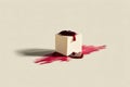 Minimalist Cheesecake Cube Adorned With a Vibrant Berry Sauce Brushstroke on a Neutral Background