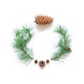 Minimalist Christmas layout. A big cone and natural branches of a pine with green needles are on a white background. New Year, Royalty Free Stock Photo