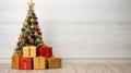 Minimalist Christmas Tree And Colorful Gift Boxes On Wooden Floor