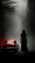 Minimalist Cinematic Surrealism of a woman walking towards a red car that flashes in the dark