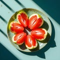 Minimalist Citrus Art with Fresh Grapefruit Slices on Green Plate Royalty Free Stock Photo
