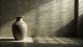 A Minimalist Clay Vase on Textured Stone Capturing the Play of Light and Shadow from Window Blinds A Royalty Free Stock Photo