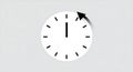 A minimalist clock face features a white circular background with black hour mar