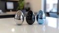 Minimalist close-up of futuristic metallic Easter eggs in silver, black, and blue Royalty Free Stock Photo