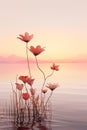 Minimalist close-up shot captures the delicate beauty of flowers gracefully resting in calm waters