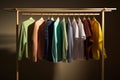 Minimalist clothes rack with vibrant shirts, showcasing balance, harmony, and intricate details.