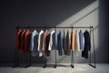 Minimalist clothes rack with vibrant shirts, showcasing balance, harmony, and intricate details.