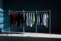 Minimalist clothes rack with vibrant shirts, showcasing balance, harmony, and intricate details.