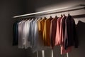 Minimalist clothes rack with vibrant shirts, showcasing balance, harmony, and intricate details.