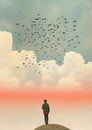 Minimalist collage of birds and red glow with clounds in the sky. Silhouette of a person in the foreground. The Collage