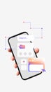 Minimalist collage. Hand holding smartphone with floating interface icons and data network connections Royalty Free Stock Photo