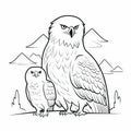 Minimalist Coloring Pages: Eagle And Owl On Mountain Background