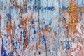 Minimalist colourful textured background of old and rusted whit, blue, brown and orange paing on metallic surface, in direct sun