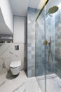 Minimalist composition of bathroom interior with design marble floor, shower towels and elegant personal bathroom accessories.