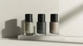 A minimalist composition with bottles of nail polish in chic neutral tones on a clean white background. Monochrome gray