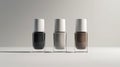 A minimalist composition with bottles of nail polish in chic neutral tones on a clean white background. Monochrome gray