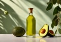 Bottle of avocado essential oil with fresh avocado fruit and leaves in the background